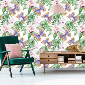 Papier Peint Pour Le Salon, Papillons, Fleurs, Feuilles – Image 6