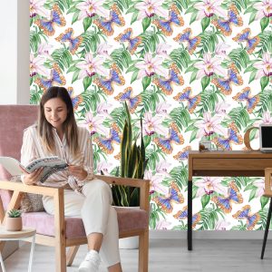 Papier Peint Pour Le Salon, Papillons, Fleurs, Feuilles – Image 7