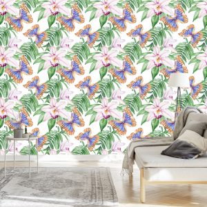 Papier Peint Pour Le Salon, Papillons, Fleurs, Feuilles – Image 3