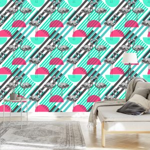 Papier Peint Flamants Roses Et Motifs Géométriques – Image 3