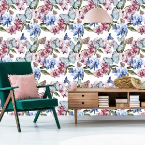 Papier Peint Pour Le Salon Papillons, Fleurs, Vert – Image 6