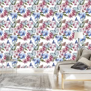 Papier Peint Pour Le Salon Papillons, Fleurs, Vert – Image 3