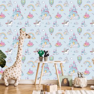 Papier Peint Pour Les Enfants Licornes D'un Château De Conte De Fées Arc-En-Ciel – Image 5