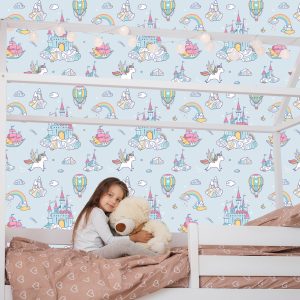 Papier Peint Pour Les Enfants Licornes D'un Château De Conte De Fées Arc-En-Ciel – Image 7