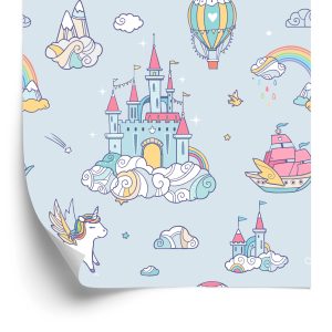 Papier Peint Pour Les Enfants Licornes D'un Château De Conte De Fées Arc-En-Ciel – Image 2