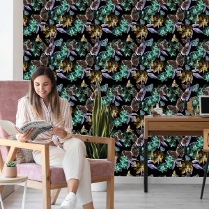 Papier Peint Pour Salle À Manger, Papillons, Fleurs, Feuilles – Image 7