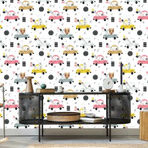 Papier Peint Pour Les Enfants - Voitures Colorées Et Joyeux Animaux De La Forêt – Image 5