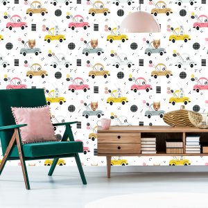Papier Peint Pour Les Enfants - Voitures Colorées Et Joyeux Animaux De La Forêt – Image 6