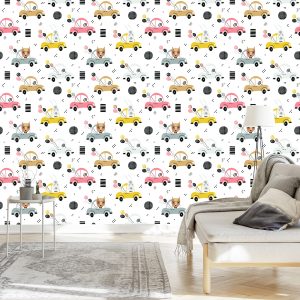 Papier Peint Pour Les Enfants - Voitures Colorées Et Joyeux Animaux De La Forêt – Image 3