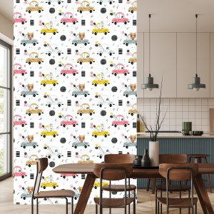 Papier Peint Pour Les Enfants - Voitures Colorées Et Joyeux Animaux De La Forêt – Image 4