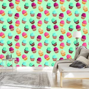 Papier Peint Rétro - Muffins Colorés Sur Un Fond De Menthe – Image 3