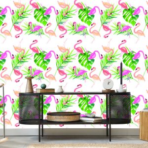 Papier Peint Avec Des Feuilles De Flamant Rose Pour La Chambre – Image 5