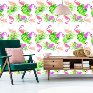 Papier Peint Avec Des Feuilles De Flamant Rose Pour La Chambre – Image 6