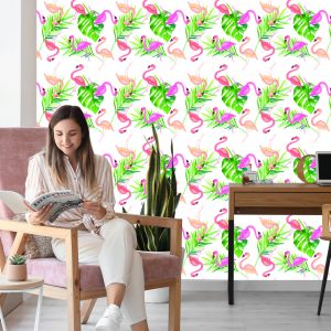 Papier Peint Avec Des Feuilles De Flamant Rose Pour La Chambre – Image 7