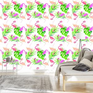 Papier Peint Avec Des Feuilles De Flamant Rose Pour La Chambre – Image 3
