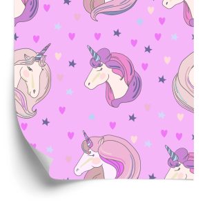 Papier Peint Pour Les Enfants - Licornes Sur Fond D'étoiles Et De Coeurs – Image 2