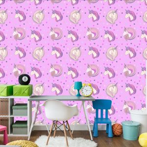 Papier Peint Pour Les Enfants - Licornes Sur Fond D'étoiles Et De Coeurs – Image 4