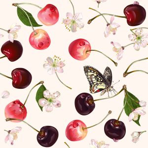Papier Peint Pour La Cuisine, Les Fruits, Les Cerises, Les Fleurs, Les Papillons – Image 1