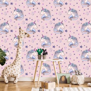 Papier Peint Pour Les Enfants - Licornes Endormies Sur Fond D'étoiles Et De Coeurs – Image 5
