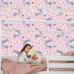 Papier Peint Pour Les Enfants - Licornes Endormies Sur Fond D'étoiles Et De Coeurs – Image 7
