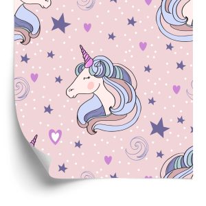 Papier Peint Pour Les Enfants - Licornes Endormies Sur Fond D'étoiles Et De Coeurs – Image 2
