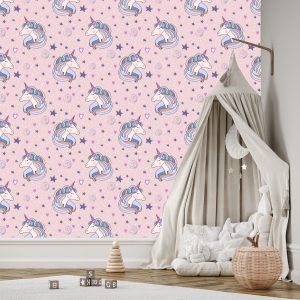 Papier Peint Pour Les Enfants - Licornes Endormies Sur Fond D'étoiles Et De Coeurs – Image 3