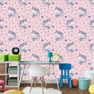 Papier Peint Pour Les Enfants - Licornes Endormies Sur Fond D'étoiles Et De Coeurs – Image 4