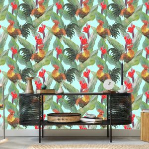 Papier Peint Feuilles, Fleurs Et Coqs – Image 5