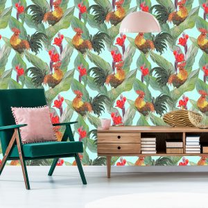 Papier Peint Feuilles, Fleurs Et Coqs – Image 6