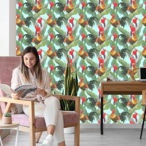 Papier Peint Feuilles, Fleurs Et Coqs – Image 7