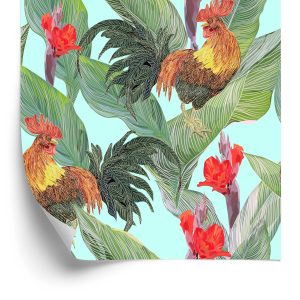 Papier Peint Feuilles, Fleurs Et Coqs – Image 2