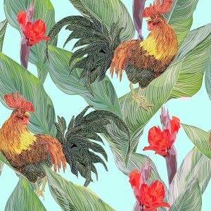 Papier Peint Feuilles, Fleurs Et Coqs – Image 1