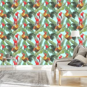 Papier Peint Feuilles, Fleurs Et Coqs – Image 3