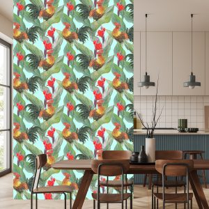 Papier Peint Feuilles, Fleurs Et Coqs – Image 4