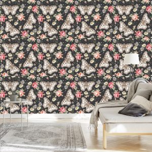 Papier Peint Dans Le Hall, Papillons, Roses, Fleurs, Feuilles – Image 3