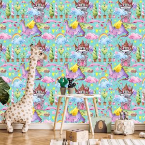 Papier Peint Dragons De Conte De Fées Fleurs D'arc-En-Ciel Chambre D'enfants – Image 5