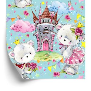 Papier Peint Ours En Peluche D'un Château De Conte De Fées Roses Pour Une Chambre D'enfant – Image 2