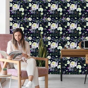 Papier Peint Fleurs Pivoines Feuilles Style Vintage – Image 7