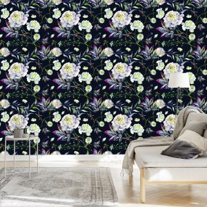 Papier Peint Fleurs Pivoines Feuilles Style Vintage – Image 3