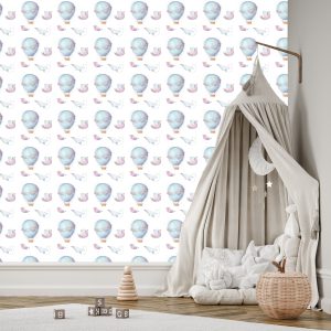 Papier Peint Oiseaux Dans Les Nuages ​​Ballons Dans La Chambre D'un Bébé – Image 3