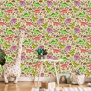 Papier Peint Pour Les Enfants Dinosaures Fleurs Cactus – Image 5