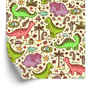Papier Peint Pour Les Enfants Dinosaures Fleurs Cactus – Image 2