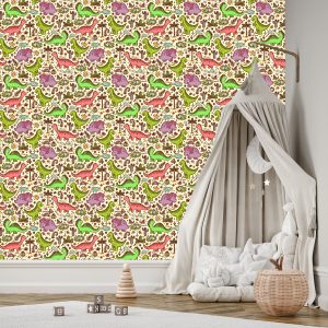 Papier Peint Pour Les Enfants Dinosaures Fleurs Cactus – Image 3