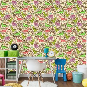 Papier Peint Pour Les Enfants Dinosaures Fleurs Cactus – Image 4