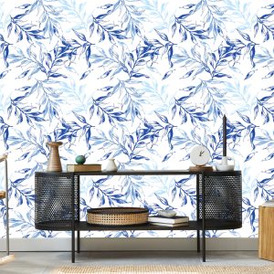 Papier Peint Pour Le Salon, Décor Délicat De Feuilles Bleues – Image 5