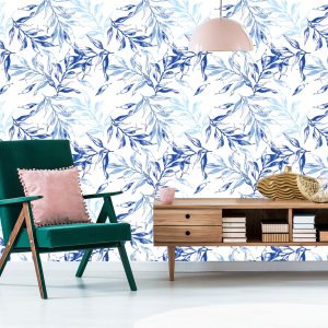 Papier Peint Pour Le Salon, Décor Délicat De Feuilles Bleues – Image 6