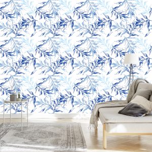 Papier Peint Pour Le Salon, Décor Délicat De Feuilles Bleues – Image 3