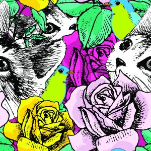 Papier Peint Chats, Oiseaux Et Roses – Image 1
