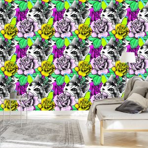 Papier Peint Chats, Oiseaux Et Roses – Image 3