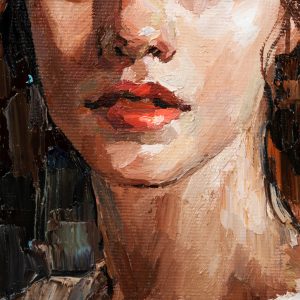 Peinture sur toile Portrait Of A Young, Dreamy Girl With Curly Brown Hair . Palette Knife Technique Of Oil Painting And Brush. – Image 1